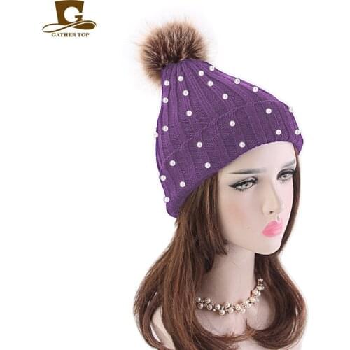 Lady Pearl Wool Hat Imitation Fur Ball Hat Outdoor Hat Warm Beanie Cap Crochet Elasticity Knit Hats WomenCasual Ear Warmer Cap