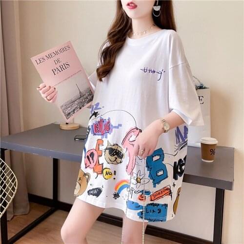 Summer new style short-sleeved cartoon print round neck mid-length blouse large size loose all-match T-shirt women