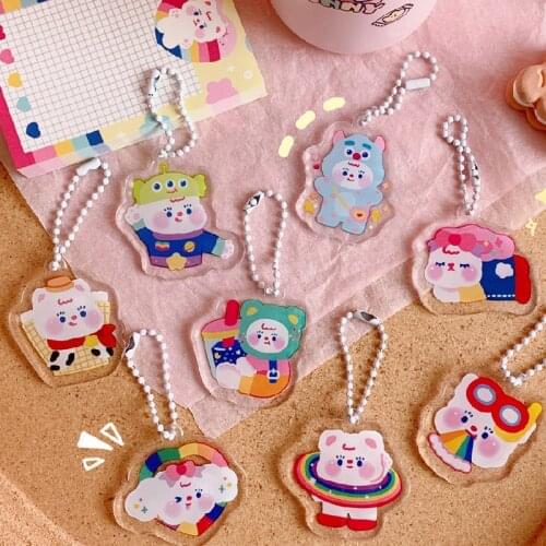 Cute Bear Dog Animal Keychain Earphone Protective Cover Bag Pendant Key Chain Cartoon Printed Acrylic Keyring Decor Accessories