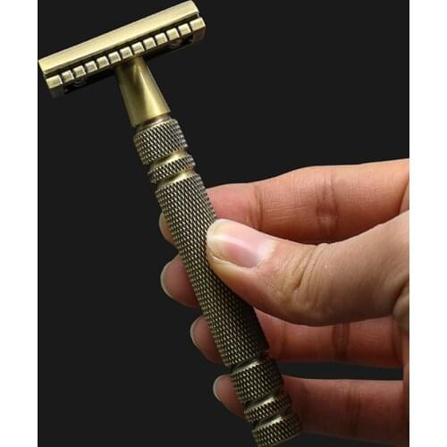 Mens Classic Double-sided Manual Razor Long Brass Handle 3-piece Safety Razor