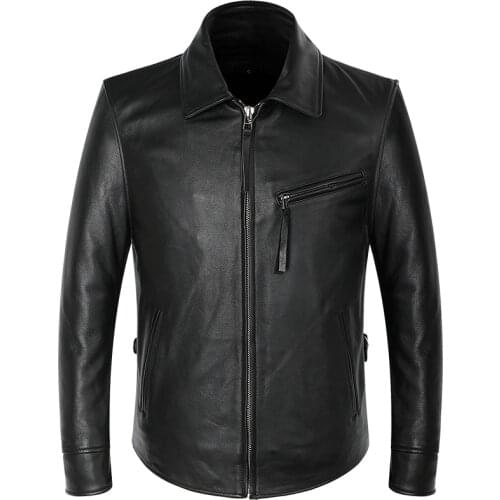 Mens Business Casual Genuine Leather Coat Dovetail Design Cowhide Real Leather Jackets Black Zipper Slim Fit For Men