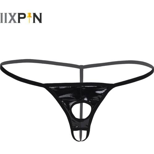 Men G-string Sexy Lingerie Panties Patent Leather Open Butt String Homme Thong Male Gay Underwear with Penis Hole T-Back