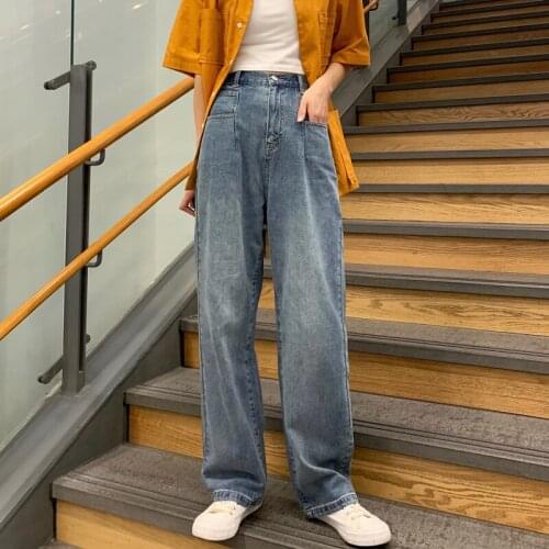 2021 New Womens Streetwear High Waist Denim Wide Leg Trouser Vintage Casual Y2K Baggy Versatile Girl Student Straight Pants