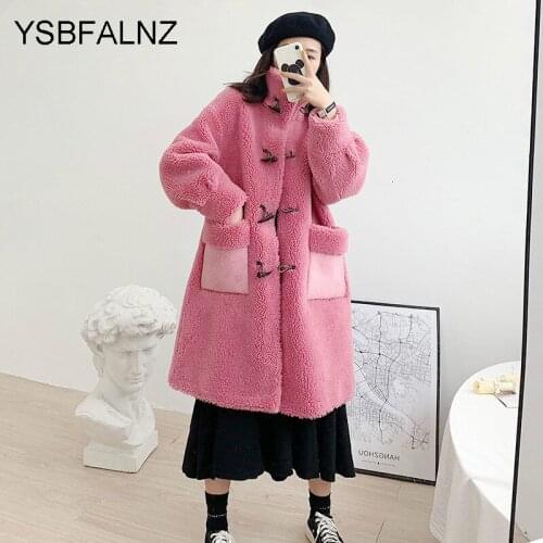 Thick Real Lambswool Lapel Loose Warm Horn Button Parkas Coat Women Causal Solid Wild 2021 Winter Fashion Tops Femmes Manteaux