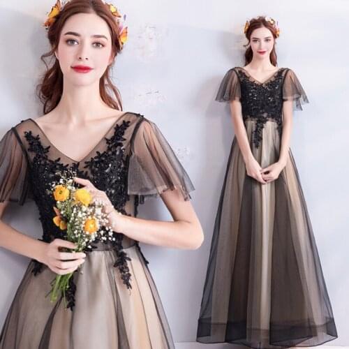 Black new v neck short flared sleeve lady girl mother prm dress party dress perfornace dress free shipping