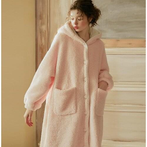 Women Sleepwear Lolita Princess Robe Hooded Flannel Pajamas.Warm Night Bathrobes Sleep Robes Nightgown Dressing Gown Loungewear