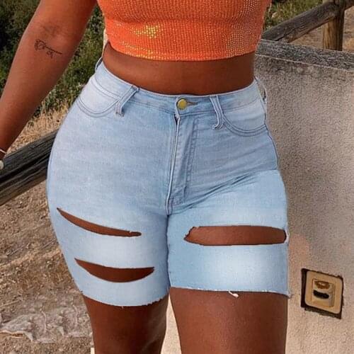 High Waist Straight Women Casual Denim Shorts Light Blue Hole Streetwear Jeans Shorts 2021 Summer Plus Size Female Short Jeans