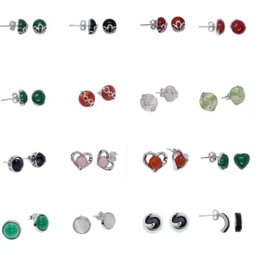 Silver Earrings For Women 100% Real 925 Sterling Silver Stud Earrings With 8MM Green Agate Stone
