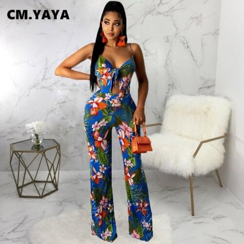 CM.YAYA Women Jumpsuit Print Sleeveless Strap V-neck Bandage Hollow Out Stretchy Wide Leg Jumpsuits Sexy Fashion Outfit Summer