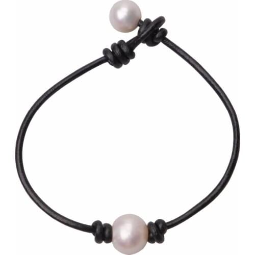 Ambrum Women Single Freshwater Pearls Leather Bracelet,10 mm White Pearls Beaded Bangle on Black Leather Cord