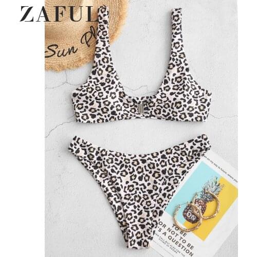 ZAFUL Women Front Closure High Cut Leopard Bikini Swimsuit Scoop Neck Removable Padded Bikini Sets Sexy Swimwear