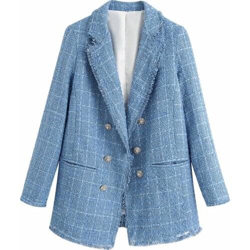 2021 New Spring Autumn Blue Twill Tweed Jacket Vintage Lattice Women Suit Jackets Ladies Double breasted Blazer Coat Female b617