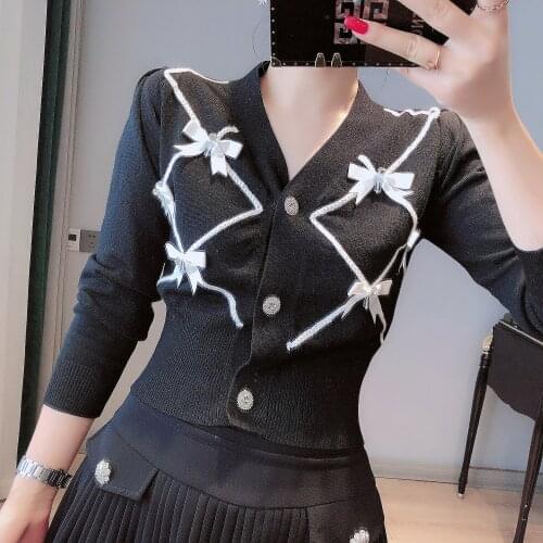 2021 Early Autumn Thin Cropped Cardigan Crystal 3D Bows Cardigan Crop Top Women V Neck Crystal Buttons White/black Cardigan