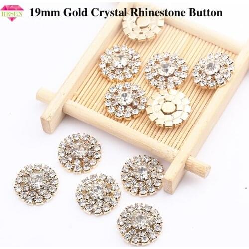 RESEN 10pcs 19MM Gold Crystal Rhinestone Buttons Round Flat Back Clear Crystal Button For Wedding Decoration Hair Accessories