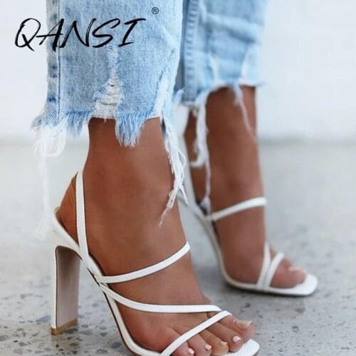 35-41 Plus Size Peep Toe Narrow Band High Heel Women Sandals Fashion Square Toe Women Shoes 2021 Thick Heel Solid Color Sandals