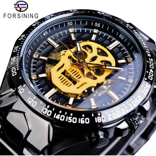 Forsining Creative Skull Bone Mens Mechanical Watch Automatic Steampunk Black Steel Belt Male Clock Wristwatch Relogio Masculino
