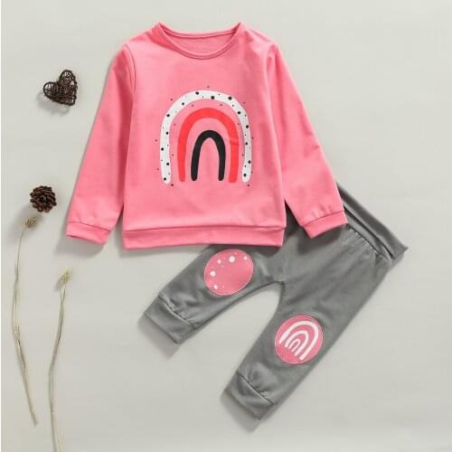 6M-4Y Kid Baby Girls 2Pcs Fall Outfits Rainbow Print Long Sleeve O-neck Pullover and Long Pants Spring Autumn Casual Clothes Set