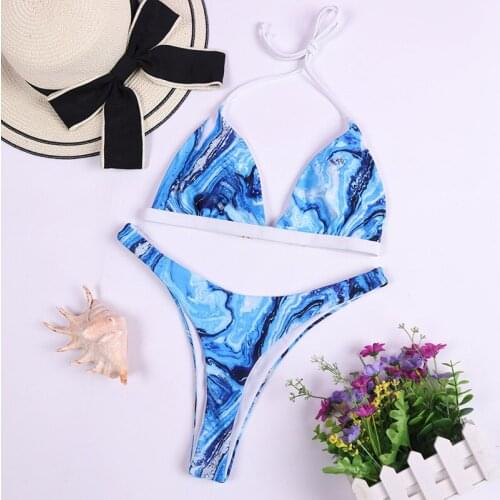 Women Sexy Bikini Set, Blue Ocean Tie Dye Printed Halter Swim Bra and Panty Swimwear Swimsuits