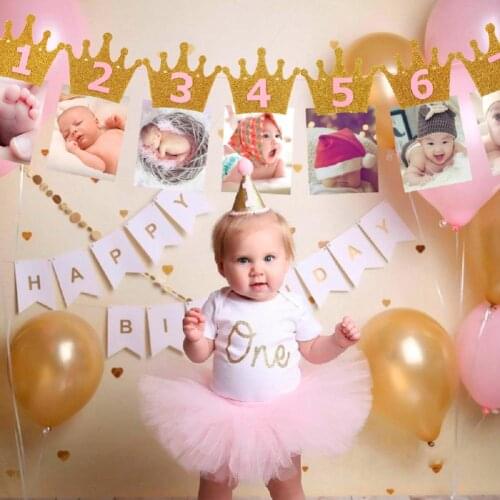 Baby Shower Glitter Crown Birthday Party Glitter Crown Monthly Photo Digital Banner 1-12 Months Garland Garland Party Decor Hot