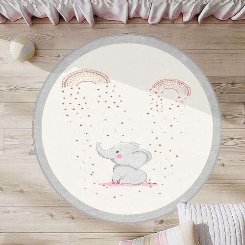 Beyaz Çocuk Odası Halısı fil kalp gökkuşağı pembe gri