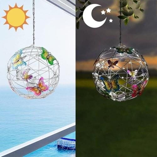 Exquisite Solar Light Orb Shape Metal Fairy Butterflies Hanging Lamp for Garden