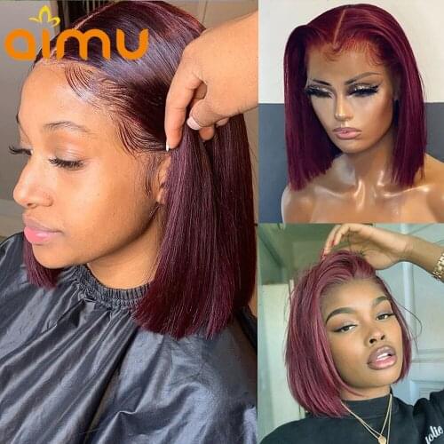 Short Bob Wig 99j Burgundy Colored 13x5 Lace Frontal Wig Straight HD Transparent Lace Human Hair Wig Blunt Cut Closure 150 Women