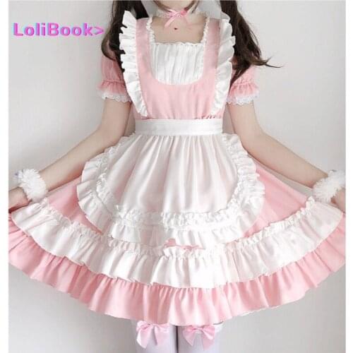 Lolibook Women Pink Maid Outfit Anime Cosplay Costume Short Lolita Dress Cat Role Play Uniform Black