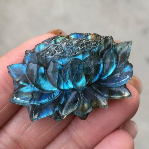 Natural Hand Carved Labrador Mineral Crystal Lotus Flower Statue Crystal Figurine Pendant Crafts Gifts