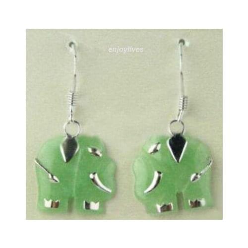 Natural Light Green Jade 925 Sterling Silver Hook Elephant Pendant Earrings 925