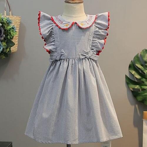 2020 New Summer Baby Girls Princess Dress Kids Wedding Party Dresses Children Embroidery Stripe Elegant Dress Cotton Clothing