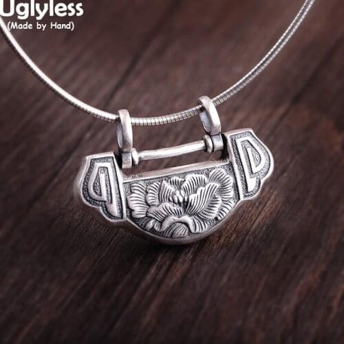 Uglyless Lock Design Eastern Taste Choker Pendants for Women Blooming Peony Pendants Real 990 Pure Silver Necklaces NO Chains