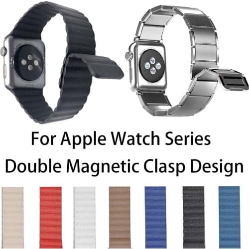 Loop Leather Watch Band For Apple Watch Series 5 4 3 2 1 44/40mm Wrist Strap Stainless Steel Chain Magnetic Clasp Bracelet Band