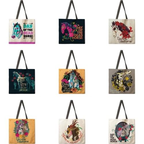 Folding shopping bag pattern horse lady shoulder bag female leisure handbag outdoor beach bag female tote bag