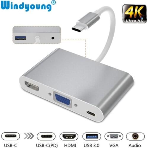 USB-C Adapter 5-in-1 Thunderbolt 3 USB Type C Hub to HDMI VGA 3.5mm Jack USB Adapter with Type-C Power Delivery for MacBook Pro