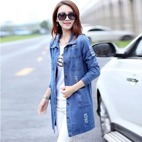 Long Denim Jacket 2019 Women Vintage Slim Autumn Winter Outerwear Fashion Single Breasted Bomber Jackets Overcoat Plus Size 5XL