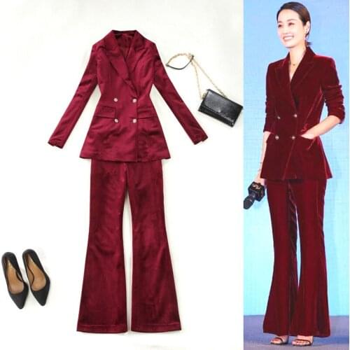 High quality Casual Solid Women Double Breasted velvet Notched Collar Blazer Jacket & Flare Pant Pant Suits Burgundy Female Suit