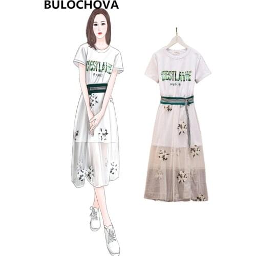 Women Print Letters Long T-Shirt Tops + Mesh Embroidery Skirt Sets Conjuntos Mujer 2020 Summer Runway Large Size Womens Suit 3XL