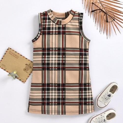 2021 2-7Y Toddler Girls Summer Sleeveless Short Dress Fashion New Stitching Plaid Printing Straight Princess Straight Slim Dress