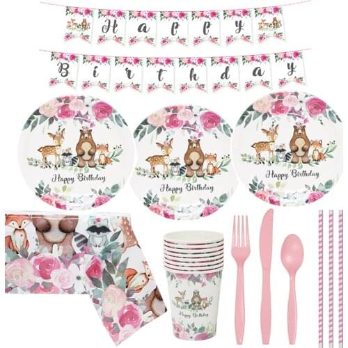 8Guests Wild Party Disposable Tableware Kids Birthday Woodland Birthday Party Jungle Safari Animals Theme Happy Birthday Party