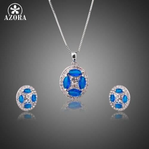 AZORA Brand White Gold Color Lovely Oval Jewelry Sets for Woman Blue CZ Stone Earrings and Necklaces Sets Wedding Party TG0240