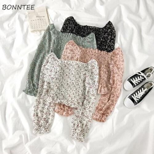 Blouses Women Square Collar 4 Colors Long Sleeve Retro Slim Sweet Floral Leisure Trendy Feminine Simple Ulzzang New Spring Ins