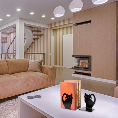 D5QC 1 Pair Black Cute Cat Metal Bookends Hollow-out Persian Kitten Book Stands Lightweight Durable Non-Slip Book Holders