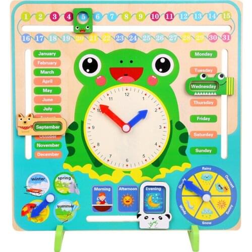 Wooden Cartoon Frog Calendar Clock Set Children Wood Calendar Time Cognitive Matching Toys Kids Early Learning Education Toys