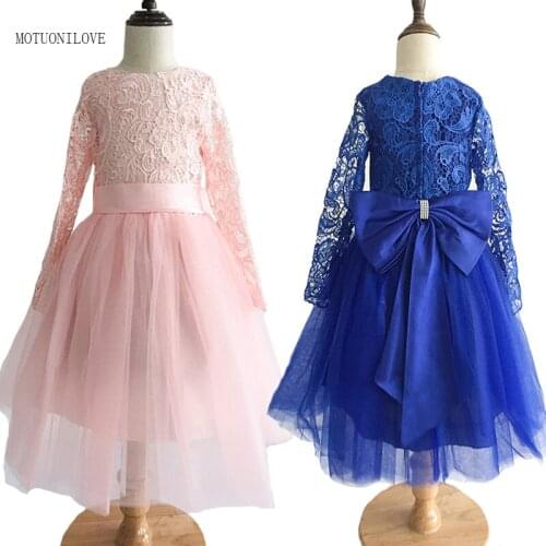 Long Sleeves Lace Girls First Communion Dress Children Pageant Gown O Neck Ankle Length Big Bow Flower Girl Dresses For Weddings