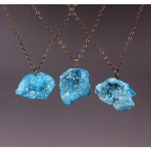 Druzy 6pcs/lot Natural Stone Quartz Crystal Amethysts Geode Pendant Charm Statement Necklaces Antique Bronze Chain Free Shipping