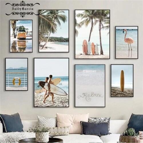 Summer Vacation Tropical Landscape Picture Ocean Beach Coconut Tree Surfboard Poster Scenery Wall Art Canvas Painting Home Decor