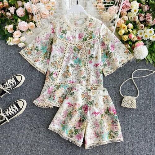 FTLZZ 2021 Summer New Arrival Women Loose Floral Hollow Out Shirt High Waist Shorts Vintage Ladies Two Piece Sets