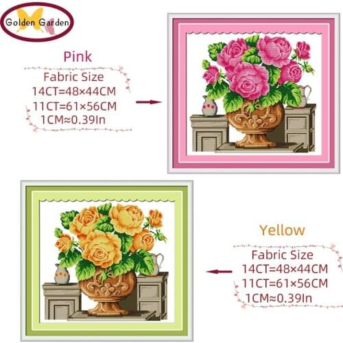 GG Rose Vase Counted Cross Stitch 11CT 14CT Cotton Embroidery Needlework Sets Handmade Rose Cross Stitch Kits for Home Decor