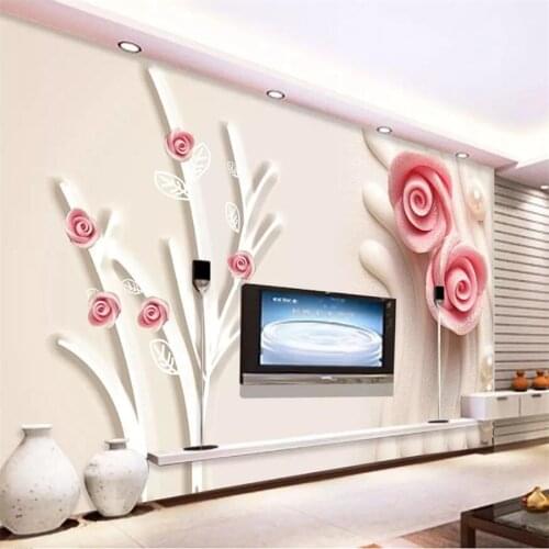 Customized large wallpaper mural 3d pink rose stereo photo wall paper 5d branches pearl jewelry TV background wall paper 8d обои