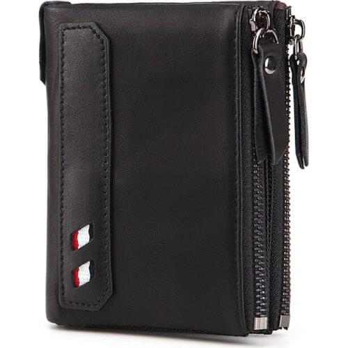Mens Wallet Genuine Leather RFID Anti Theft Brush Casual Short Male Money Bag Double Zipper Coin Purse Card Holder High Quality